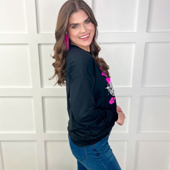 New Jess Lea Let's Go Girls Sequin Disco Ball Black Sweatshirt - Picture 3 of 5